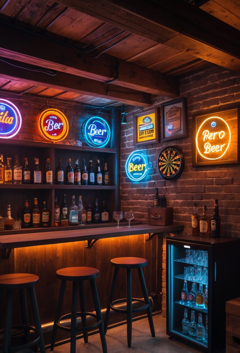 A basement bar with vintage neon beer signs glowing on brick walls, a wooden bar counter with stools, and shelves filled with liquor bottles.