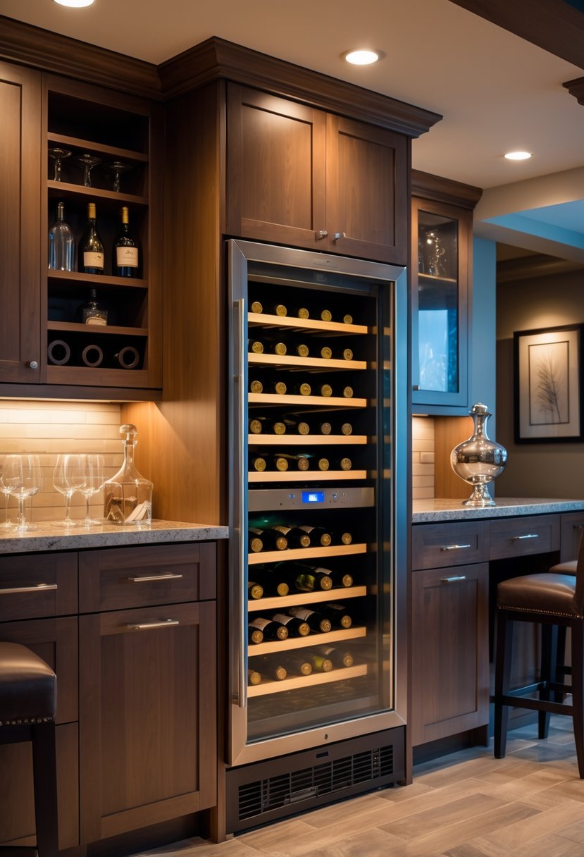 Basement bar area with a hidden wine cooler cabinet integrated into wooden cabinetry, featuring wine bottles inside and bar stools nearby.