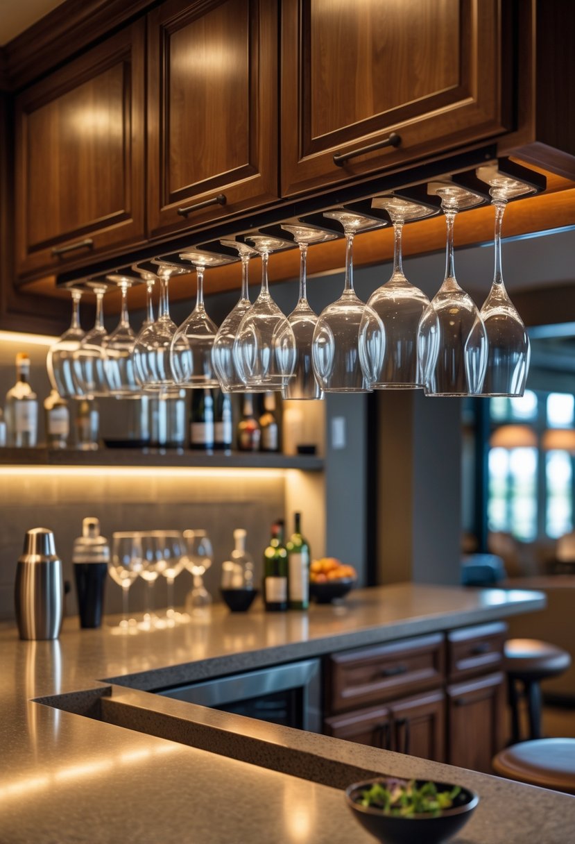 A basement bar with an under-cabinet glass rack holding wine and cocktail glasses above a wooden bar counter with bar accessories and warm lighting.