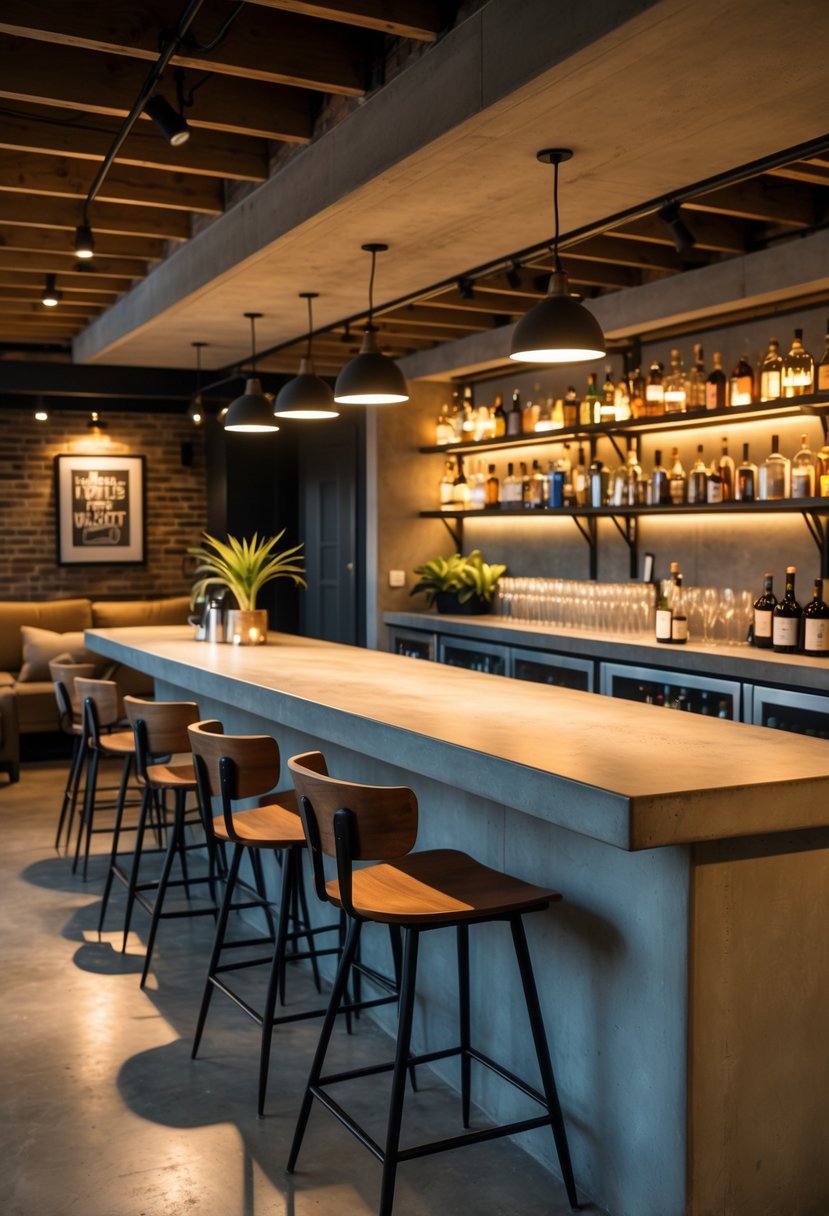 A basement bar with a concrete countertop, bar stools, shelves with bottles, and cozy seating areas.
