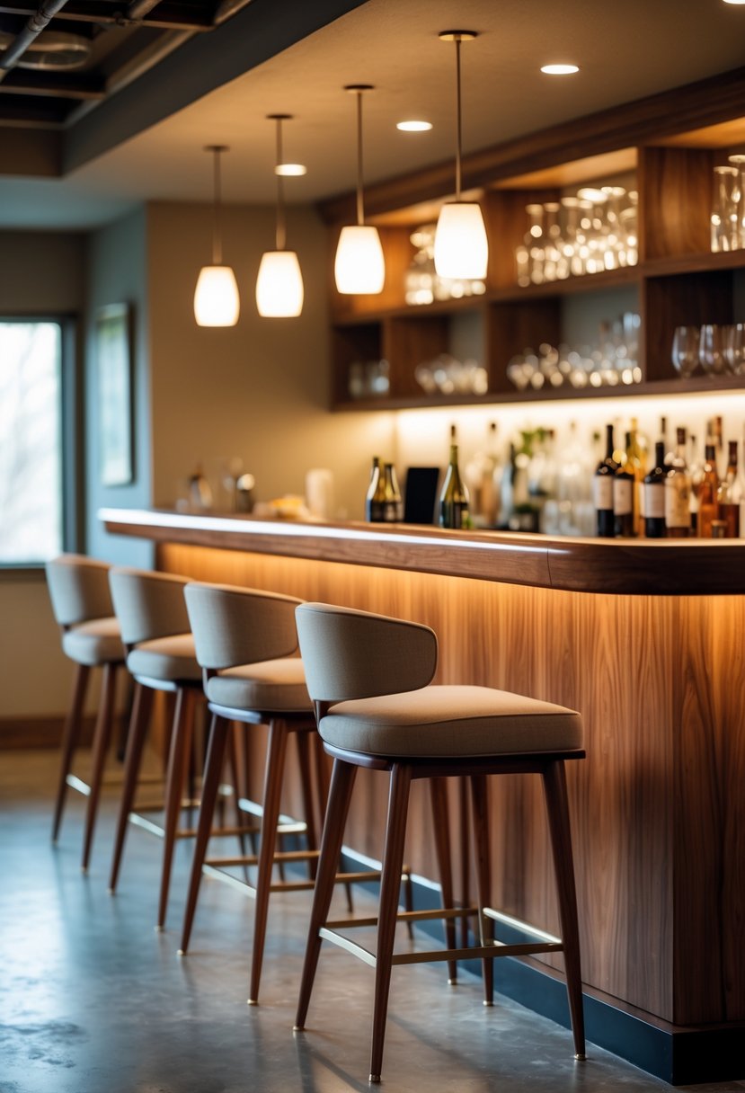 A basement bar area with wooden bar stools lined up along a polished bar counter under warm pendant lighting.