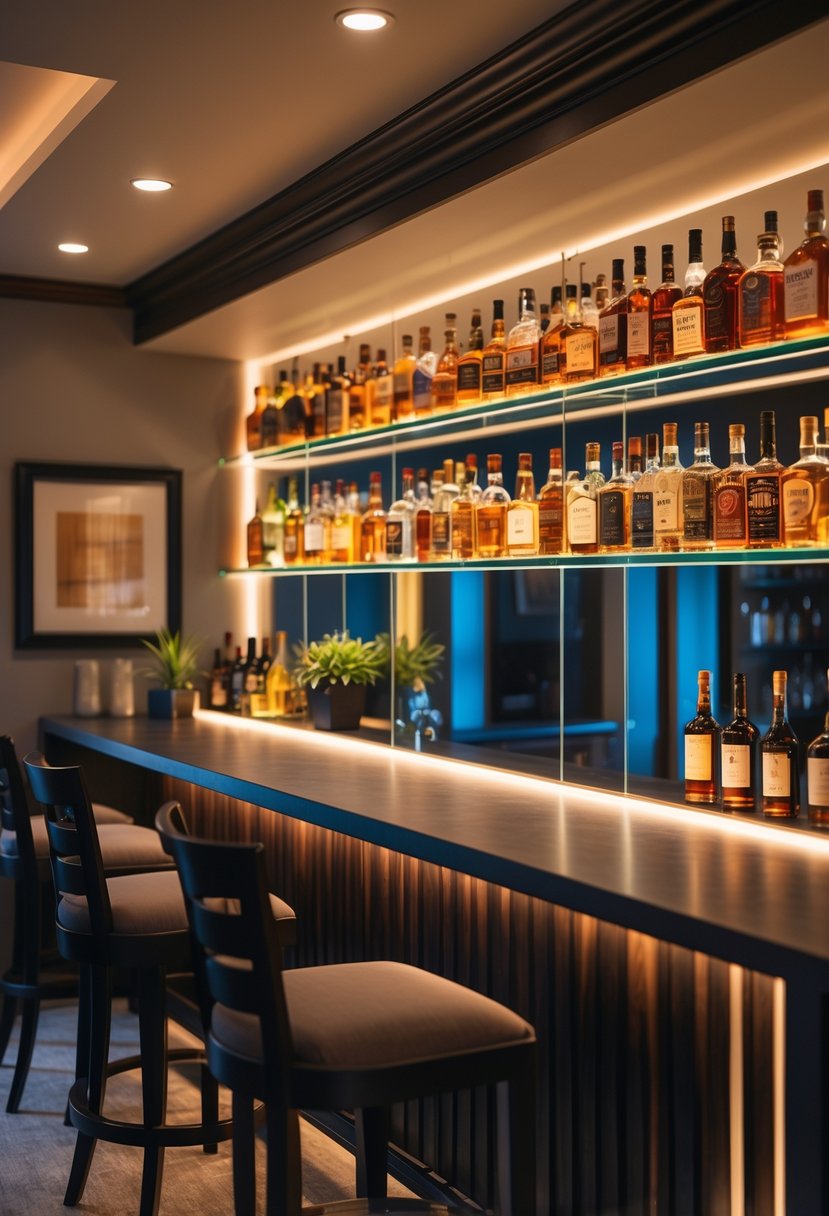 A basement bar with a backlit display of liquor bottles arranged on shelves behind a dark bar counter with stools.