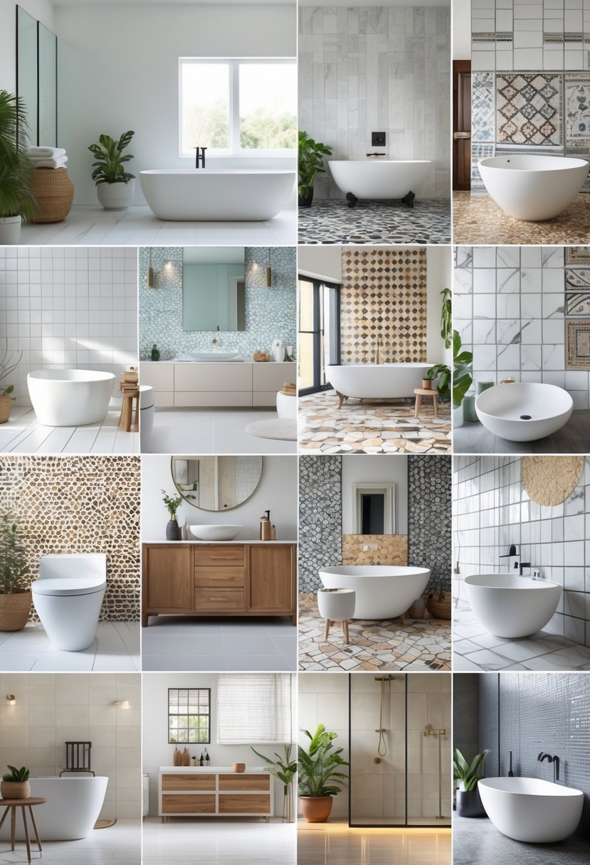 A modern bathroom displaying ten different tile designs on walls and floors, with a bathtub, shower, vanity, and plants.