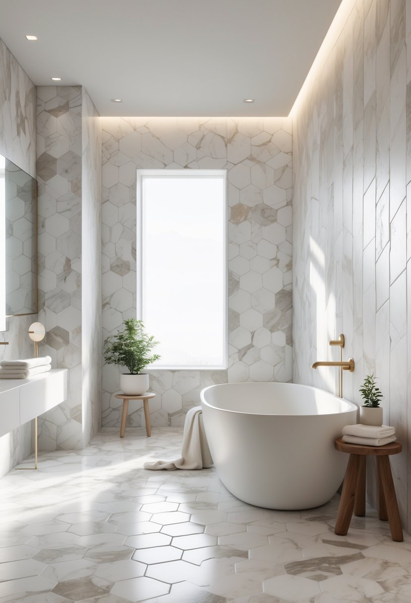 Bathroom with marble hexagon tiles on the walls and floor, featuring a white freestanding bathtub and minimal decor.