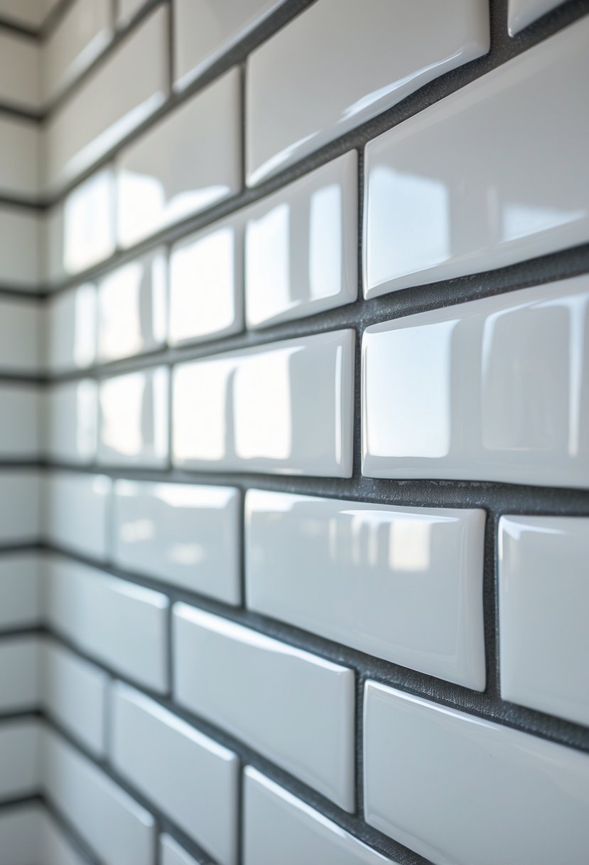 Close-up view of a bathroom wall with white subway tiles and dark grout lines.