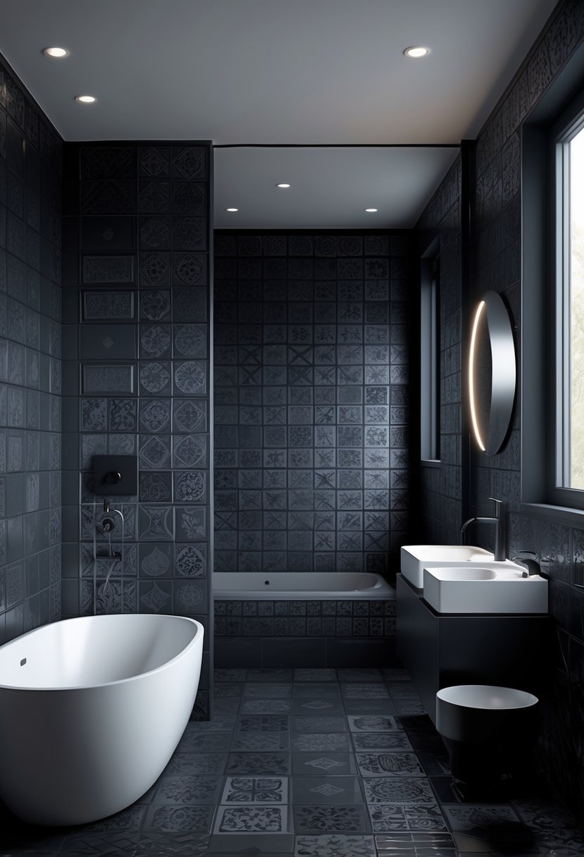 A modern bathroom with matte black patterned tiles, a white freestanding bathtub, and a minimalist vanity with a round mirror.