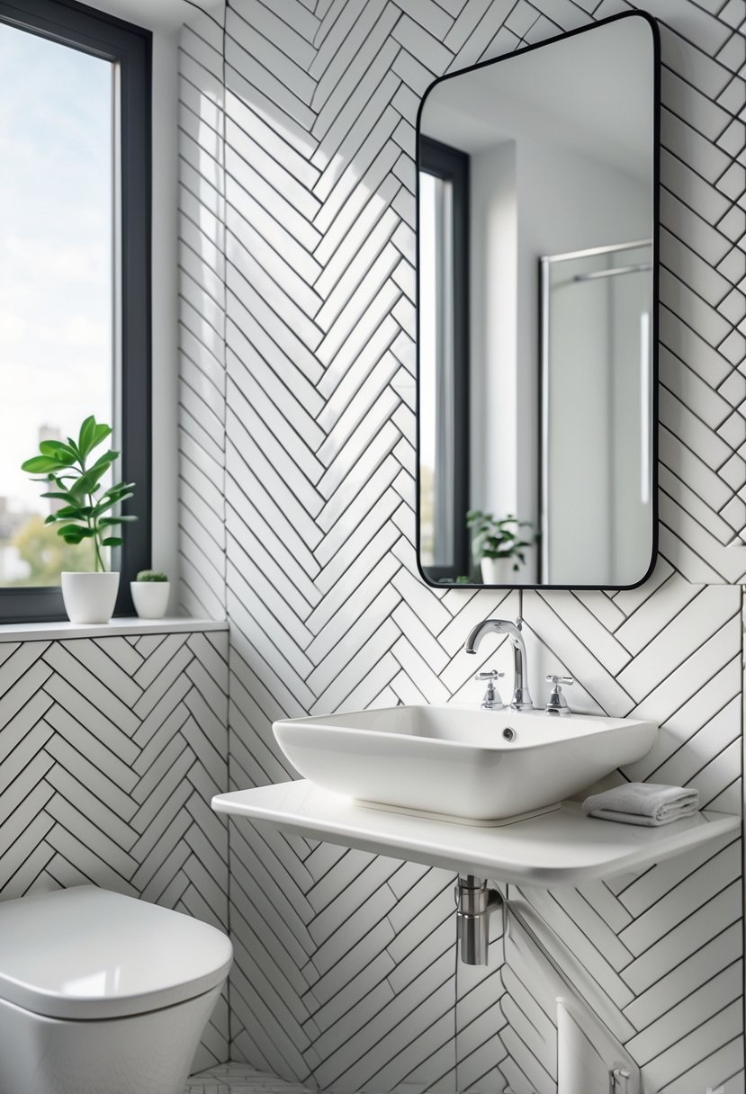 A bright bathroom with white herringbone ceramic tiles on the wall, a white sink with chrome faucet, a mirror, and bathroom accessories.