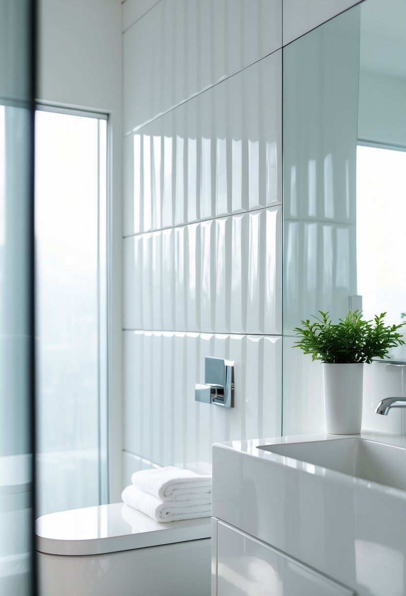A bathroom wall covered with glossy white beveled tiles next to a vanity with a faucet and a small green plant.