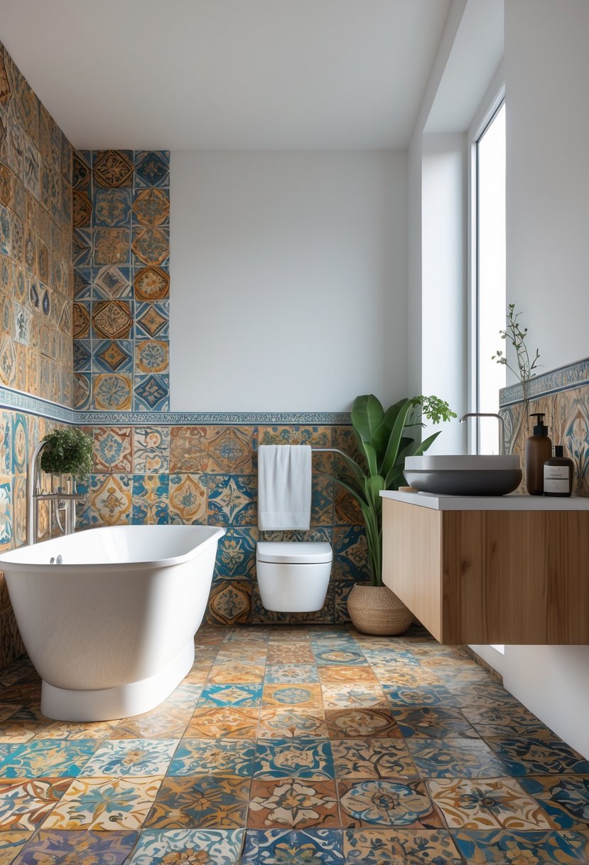 A bright bathroom with colorful patterned floor and wall tiles, a white bathtub, wooden vanity, and decorative plants.