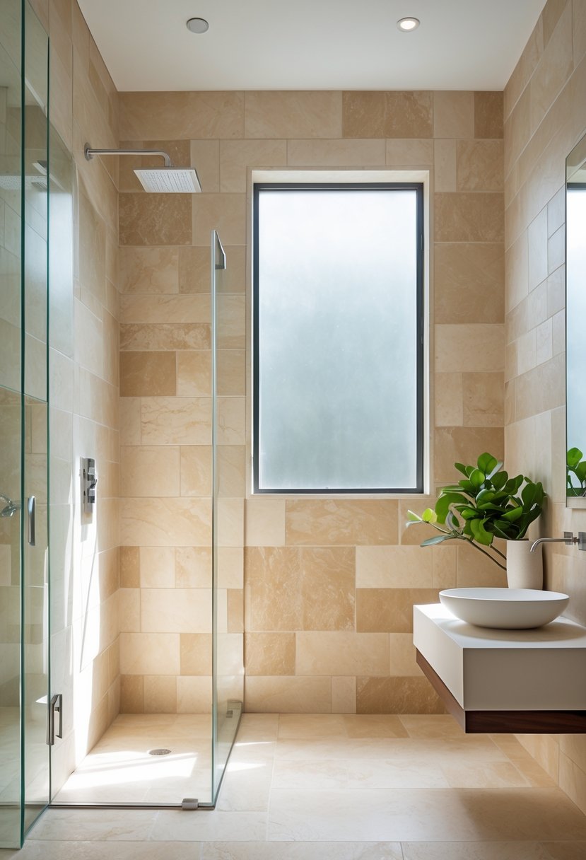 A bathroom with beige travertine tiles on the walls and floor, a glass shower door, and a white sink with a small plant on a wooden shelf.