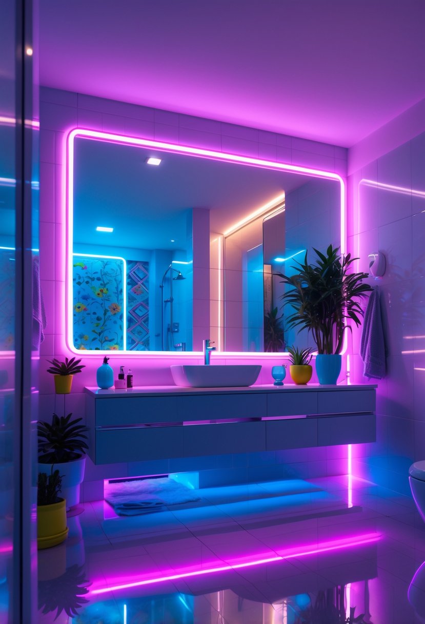 A modern bathroom with a large mirror framed by colorful neon LED lights, vibrant tiles, plants, and stylish decor.