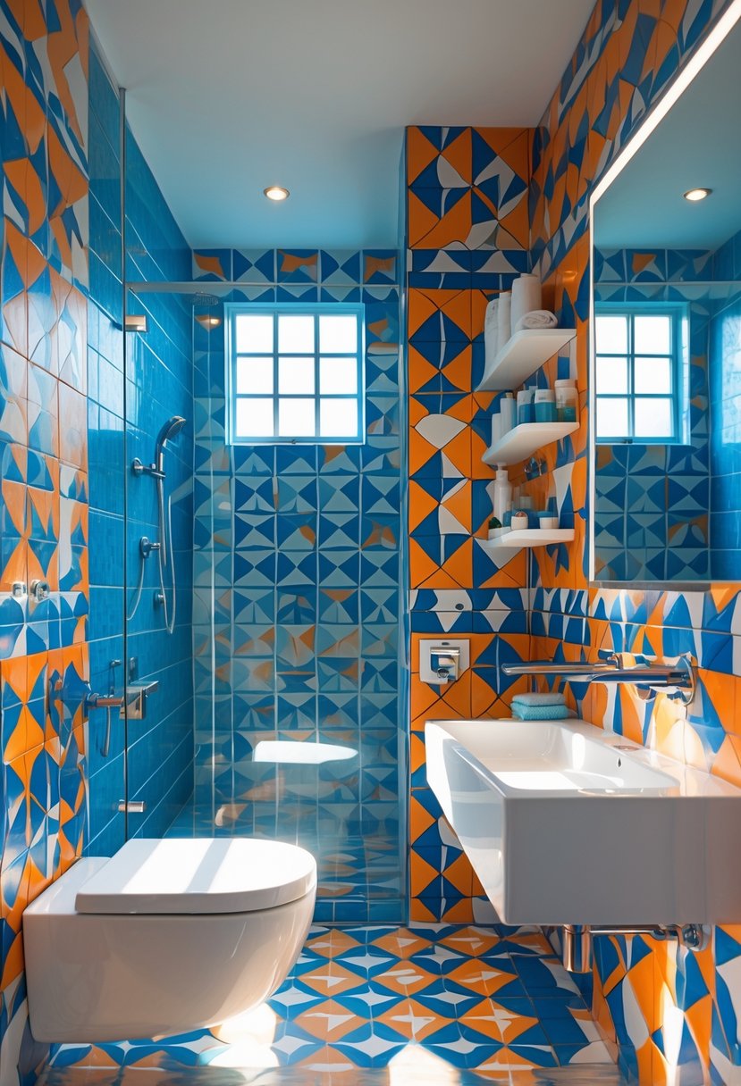 A bright bathroom with colorful geometric patterned tiles on the walls and floor, a white sink, and a large mirror.