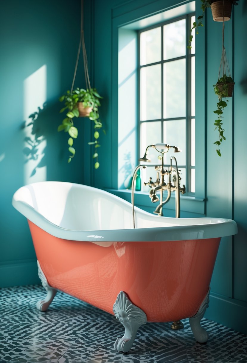 A vintage clawfoot bathtub painted in a bold color in a bright bathroom with modern fixtures and plants.