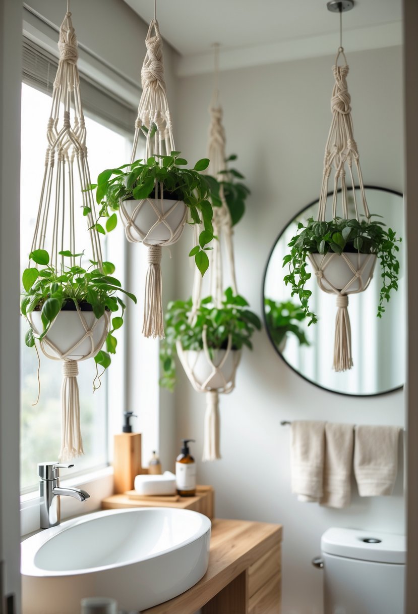 Bathroom with hanging macrame plant holders containing green plants near a window, modern sink, and wooden countertop.