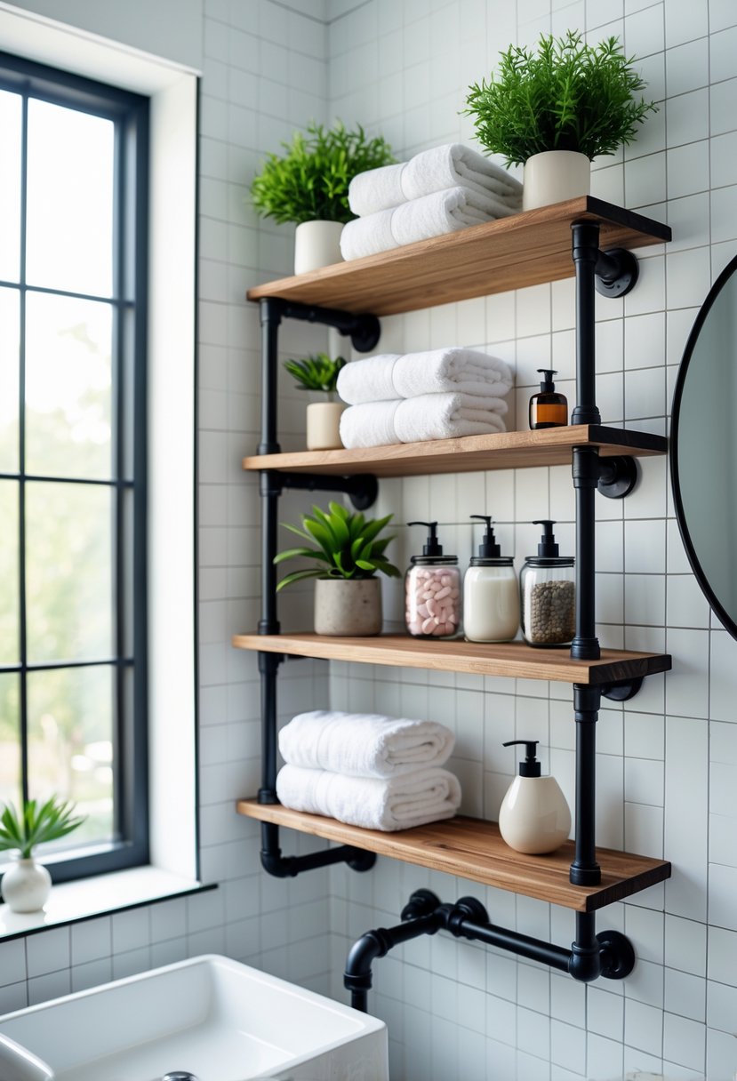 A bathroom with industrial pipe shelving holding towels, plants, and bath accessories next to a sink and round mirror.