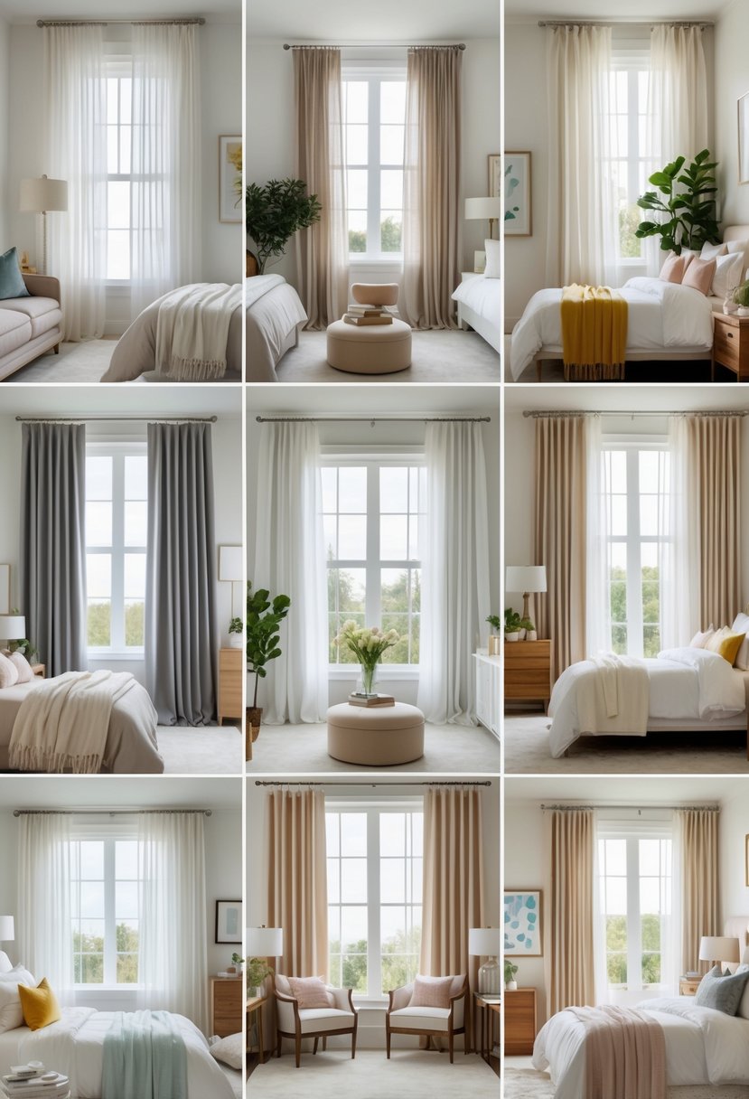 A bright bedroom interior showing ten different windows with various curtain styles, including sheer, blackout, patterned, and layered curtains.