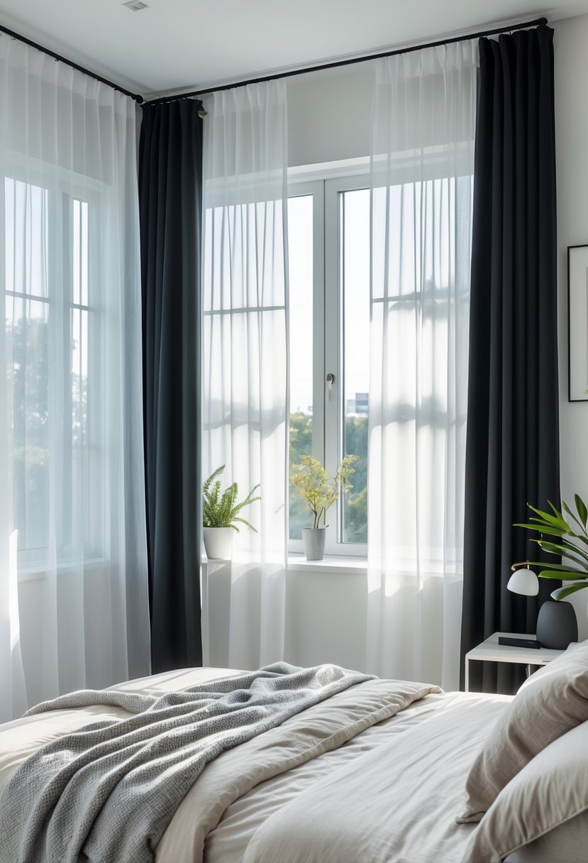 A bedroom with a bed, nightstand, and layered sheer and blackout curtains on the window letting in soft natural light.