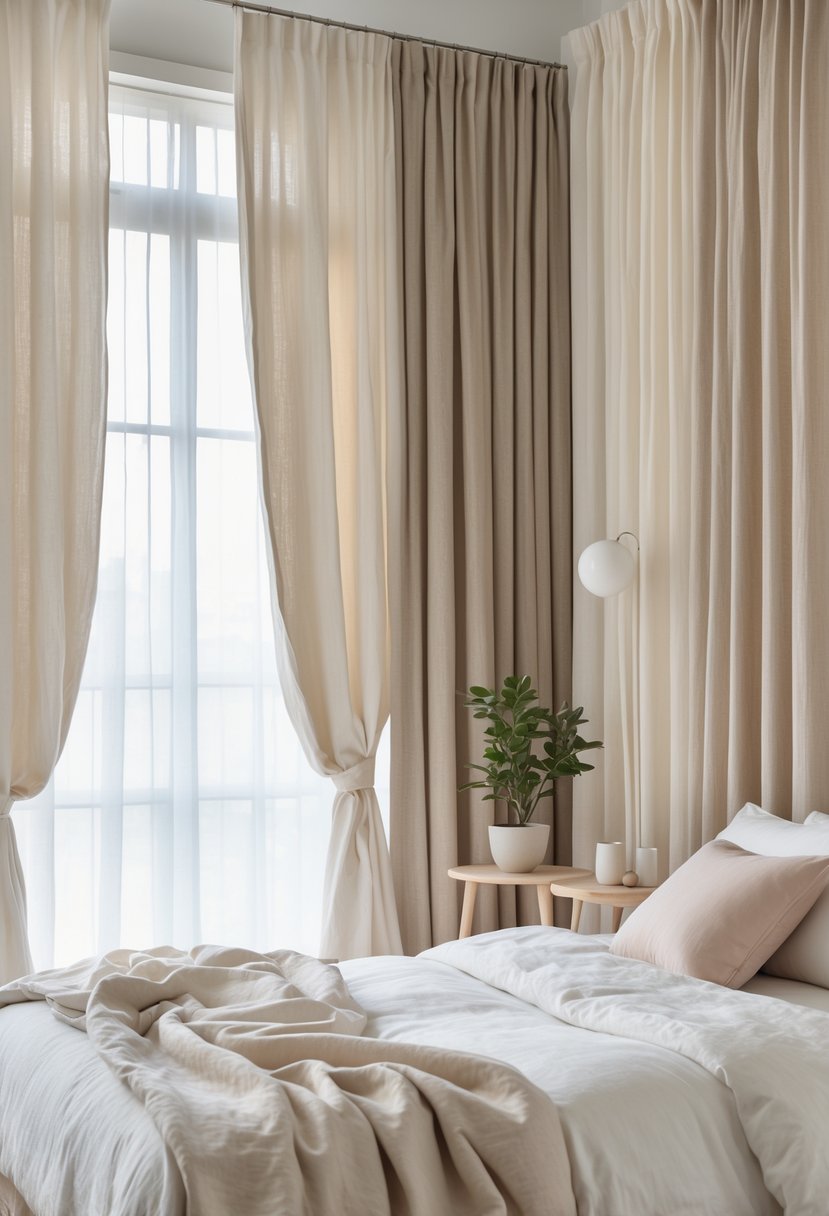 A bedroom with large windows covered by linen curtains in soft neutral colors, natural light filling the room, and a neatly made bed with light bedding.