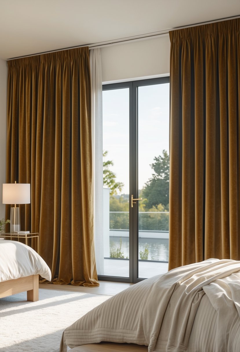 A bedroom with large floor-to-ceiling velvet curtains covering a window, a bed, and a bedside table with a lamp.