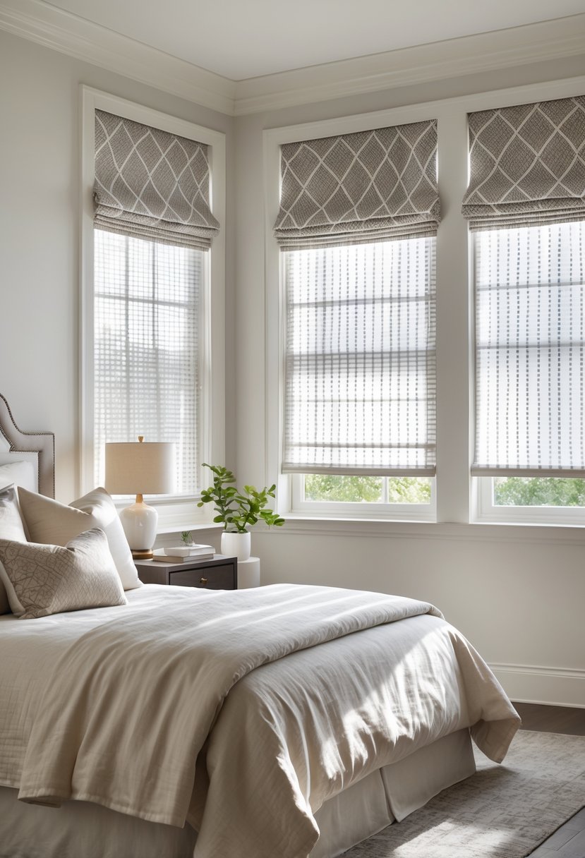 Bright bedroom with large windows covered by patterned Roman shades, a cozy bed, and bedside furniture.