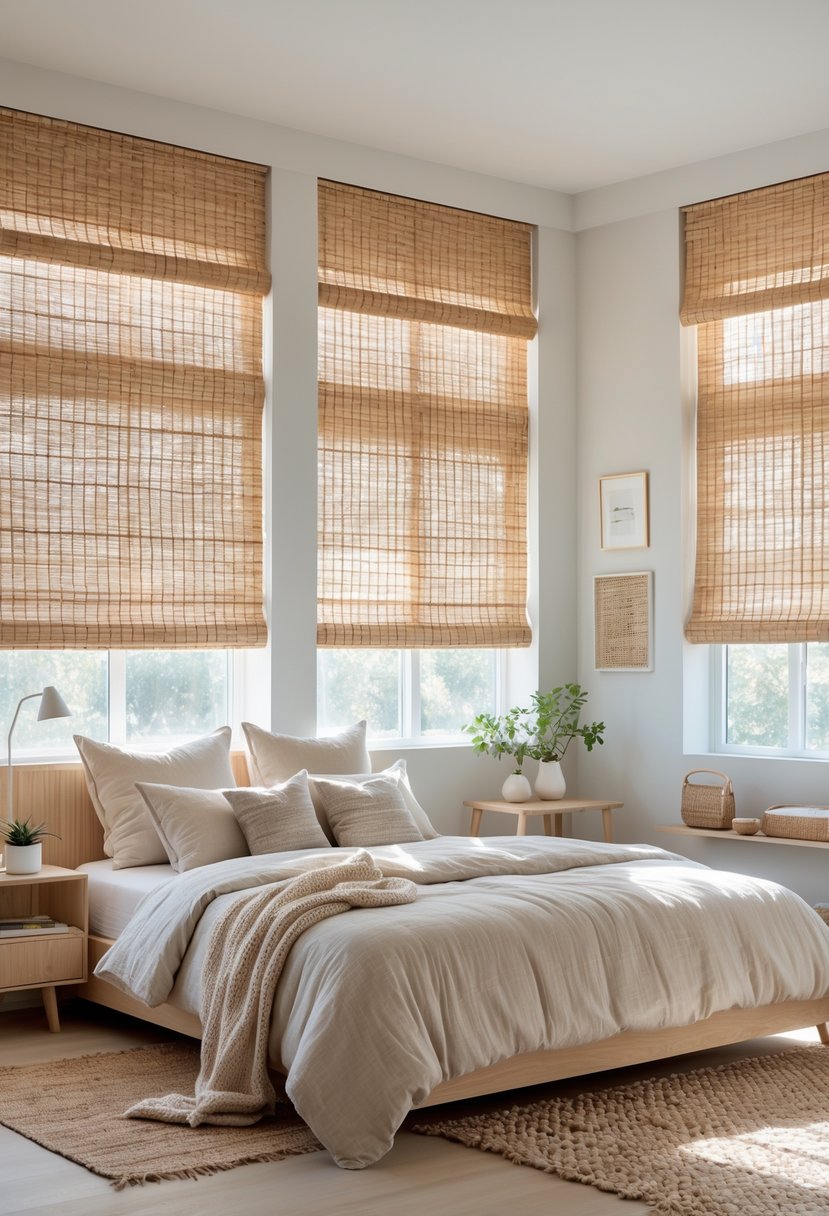 A bedroom with large windows covered by bamboo woven blinds, a bed with neutral bedding, wooden furniture, and soft natural light filling the room.