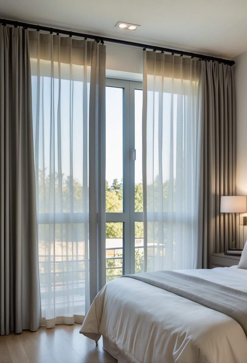 Bedroom with a large window featuring two layers of curtains on a double curtain rod, with a bed and bedside table nearby.