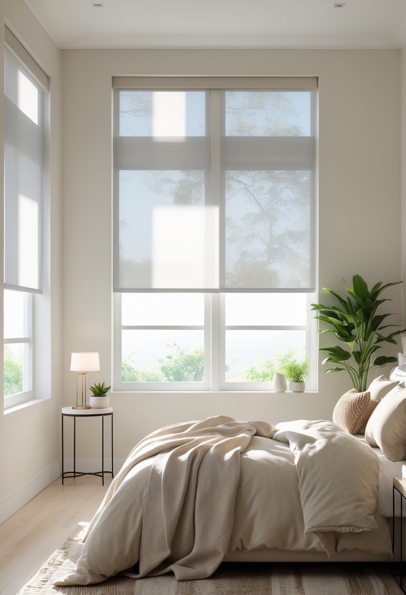 A bright bedroom with large windows covered by semi-transparent roller shades filtering natural light, a neatly made bed, and simple furniture.