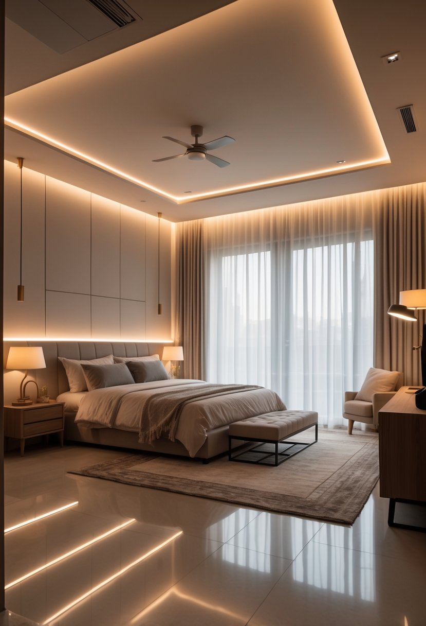 A spacious bedroom with a large bed and multiple lighting sources including ceiling lights, bedside lamps, a floor lamp, LED strip lighting, and natural light through curtains.