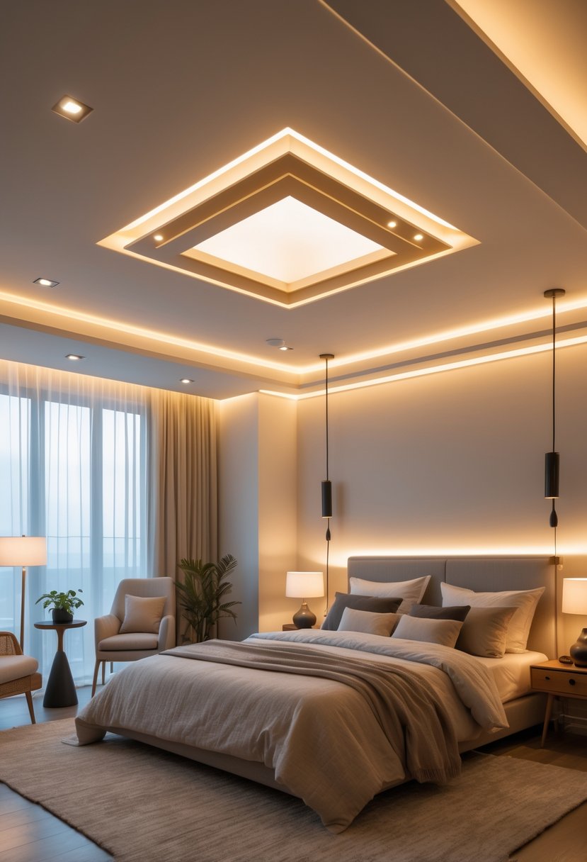 A bedroom with layered lighting including dimmable ceiling fixtures, bedside lamps, and soft ambient light creating a warm and cozy atmosphere.