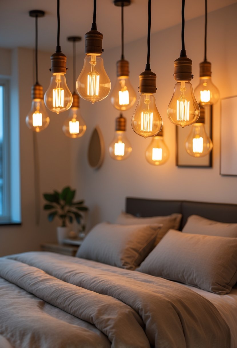 A bedroom lit by warm Edison bulb pendant lamps hanging from the ceiling, with a neatly made bed and simple decor.