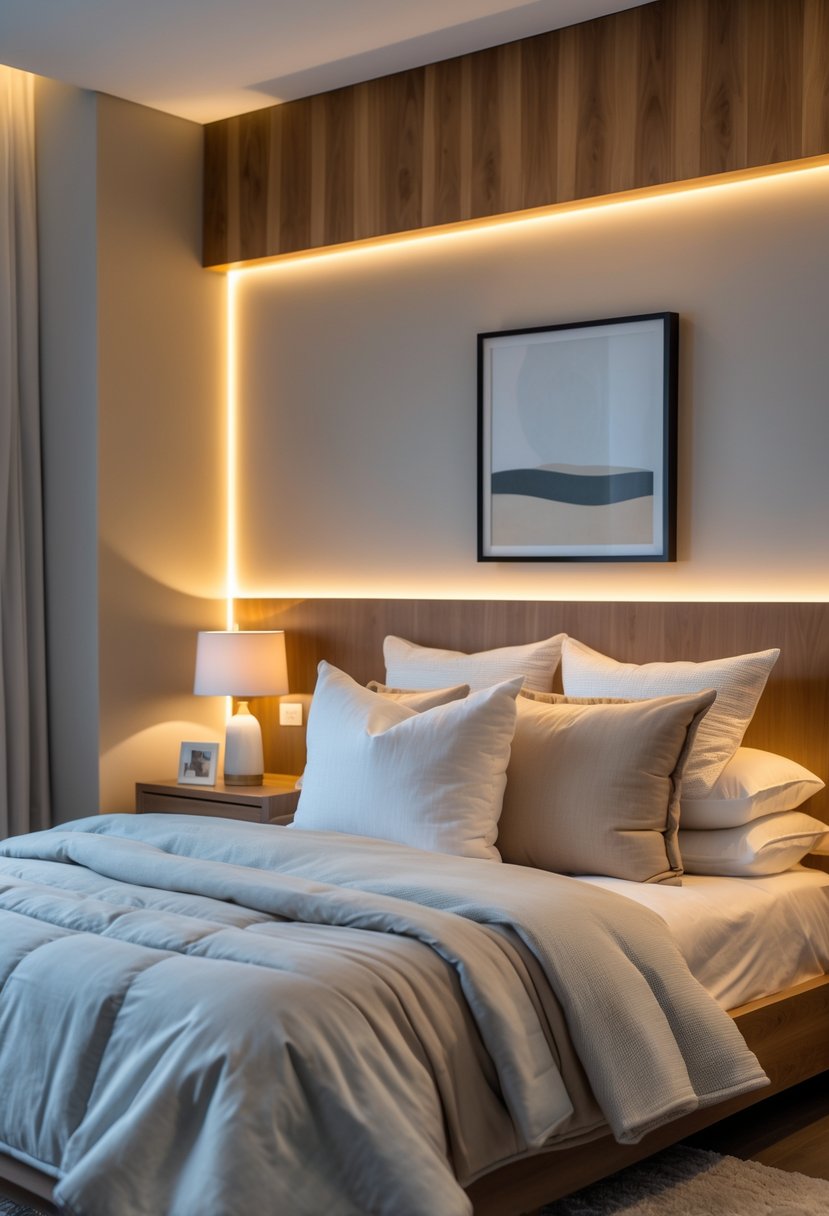 A bedroom with LED strip lights glowing softly behind a wooden headboard above a neatly made bed.
