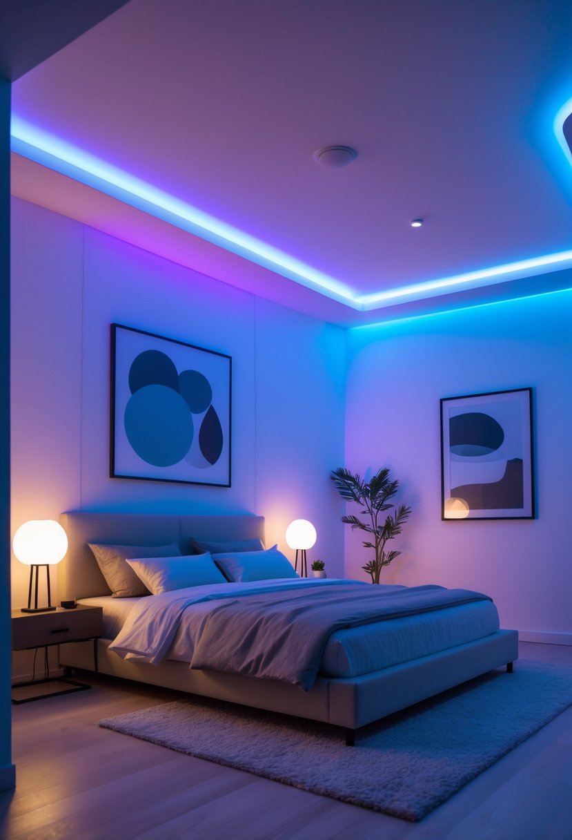 A modern bedroom with a bed and bedside lamps emitting soft colored light in blue, purple, and warm white tones.