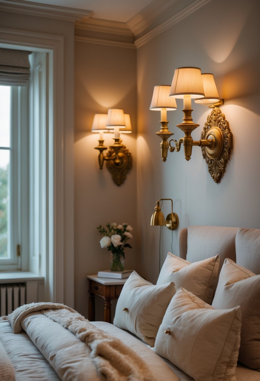 A bedroom with vintage brass wall sconces casting warm light above a neatly made bed and wooden bedside table.