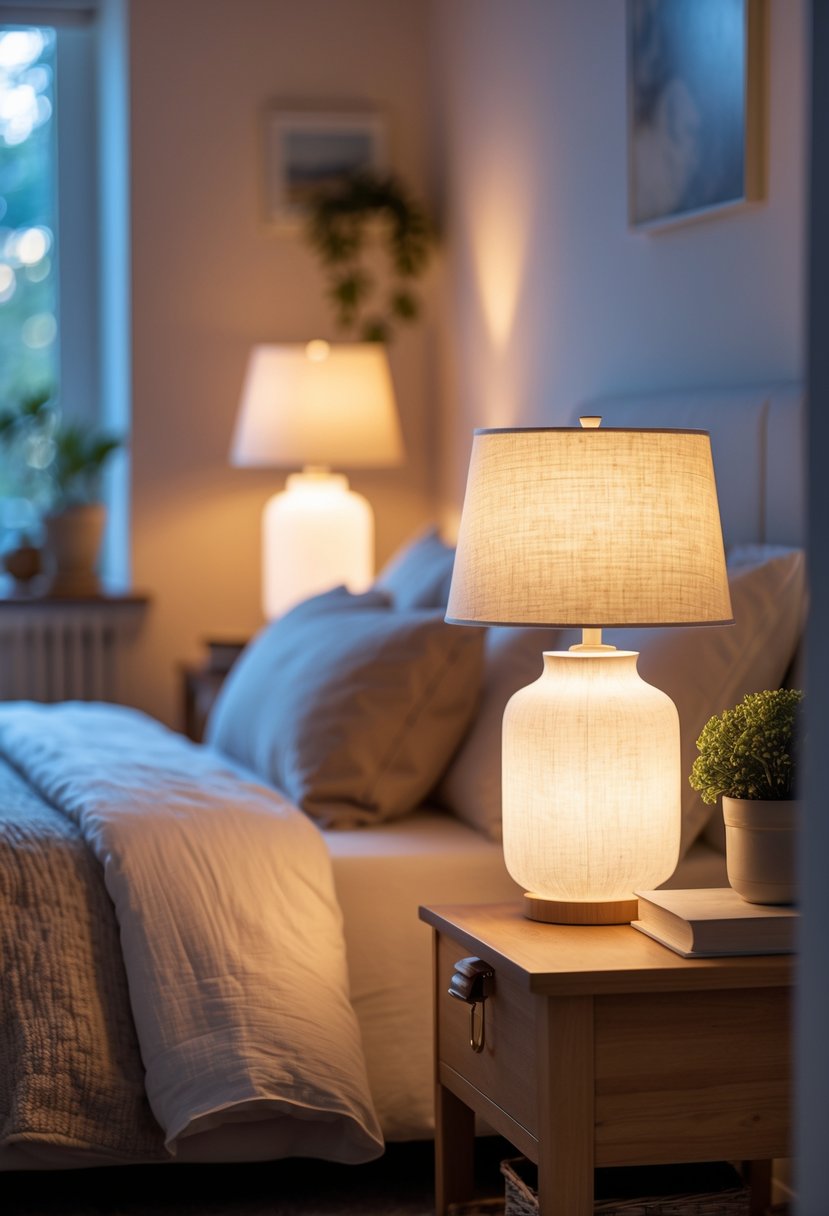 A bedroom with two soft white table lamps on wooden nightstands next to a neatly made bed.