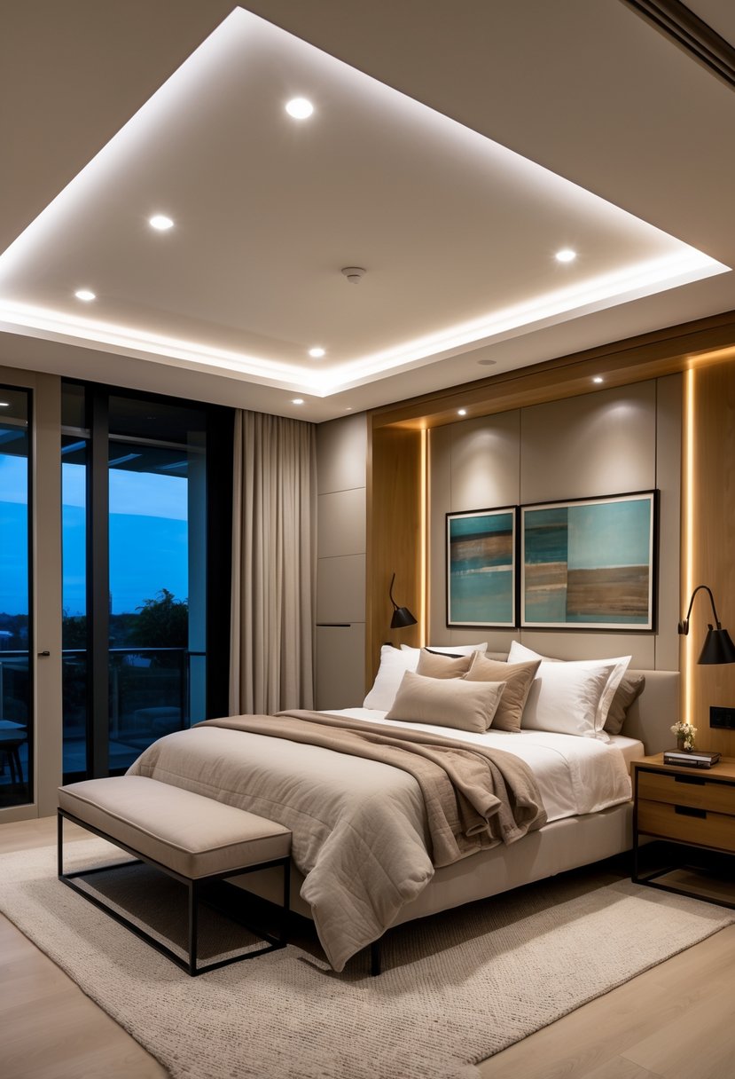 A bedroom with recessed ceiling lights angled to illuminate different areas including the bed, artwork, and a reading nook.