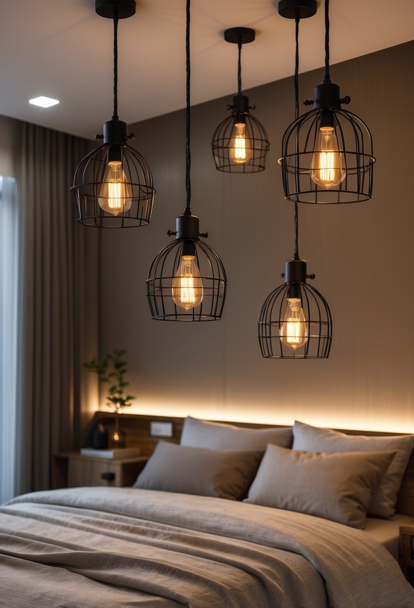 A bedroom with a bed lit by hanging industrial cage pendant lights emitting a warm glow.