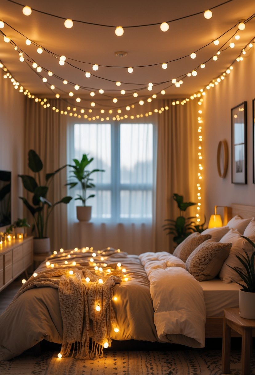 A bedroom with fairy lights draped across the ceiling, a made bed, and soft ambient lighting.
