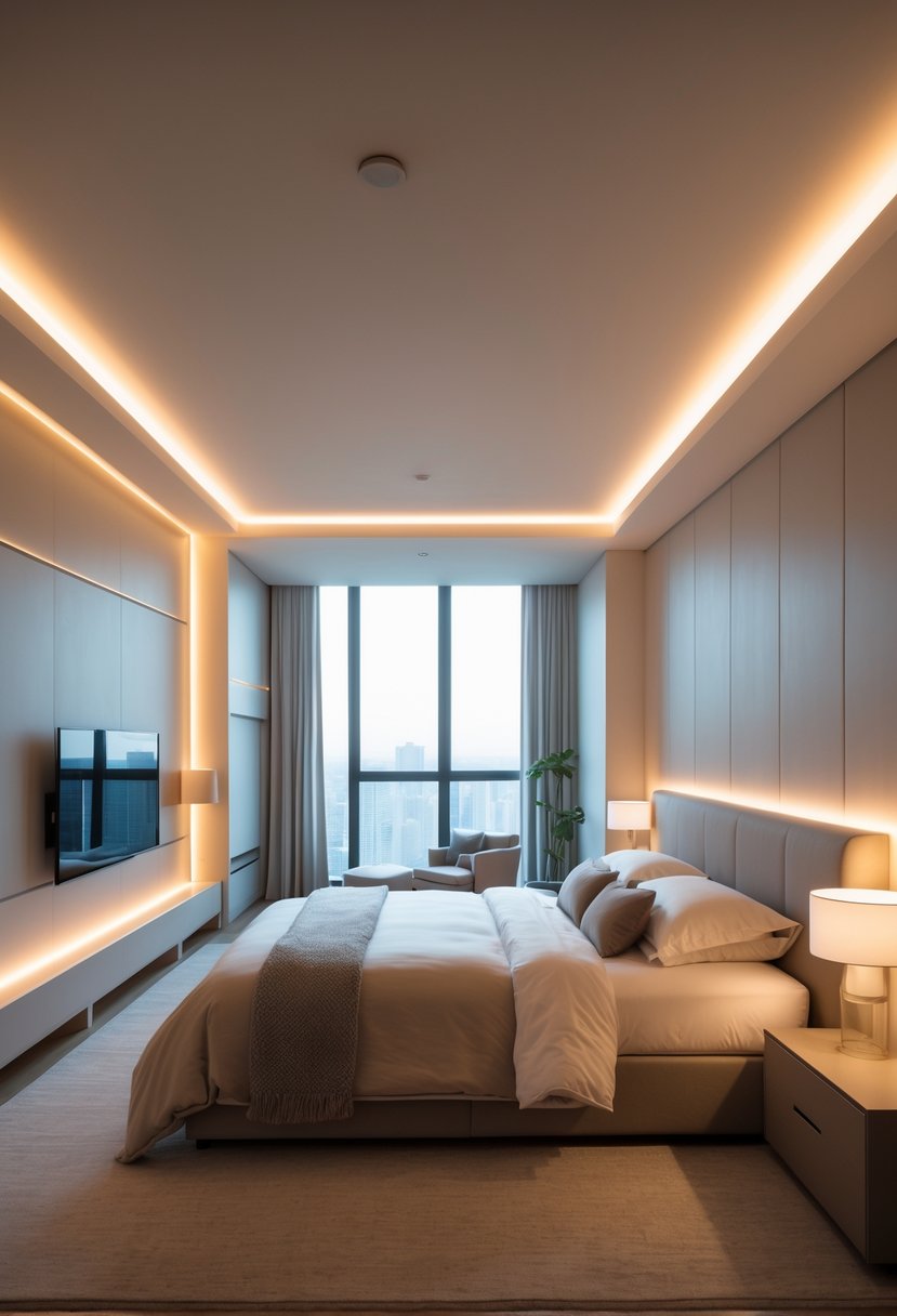 A bedroom with indirect cove lighting creating a soft ambient glow around the ceiling, featuring a bed and minimalist furniture.