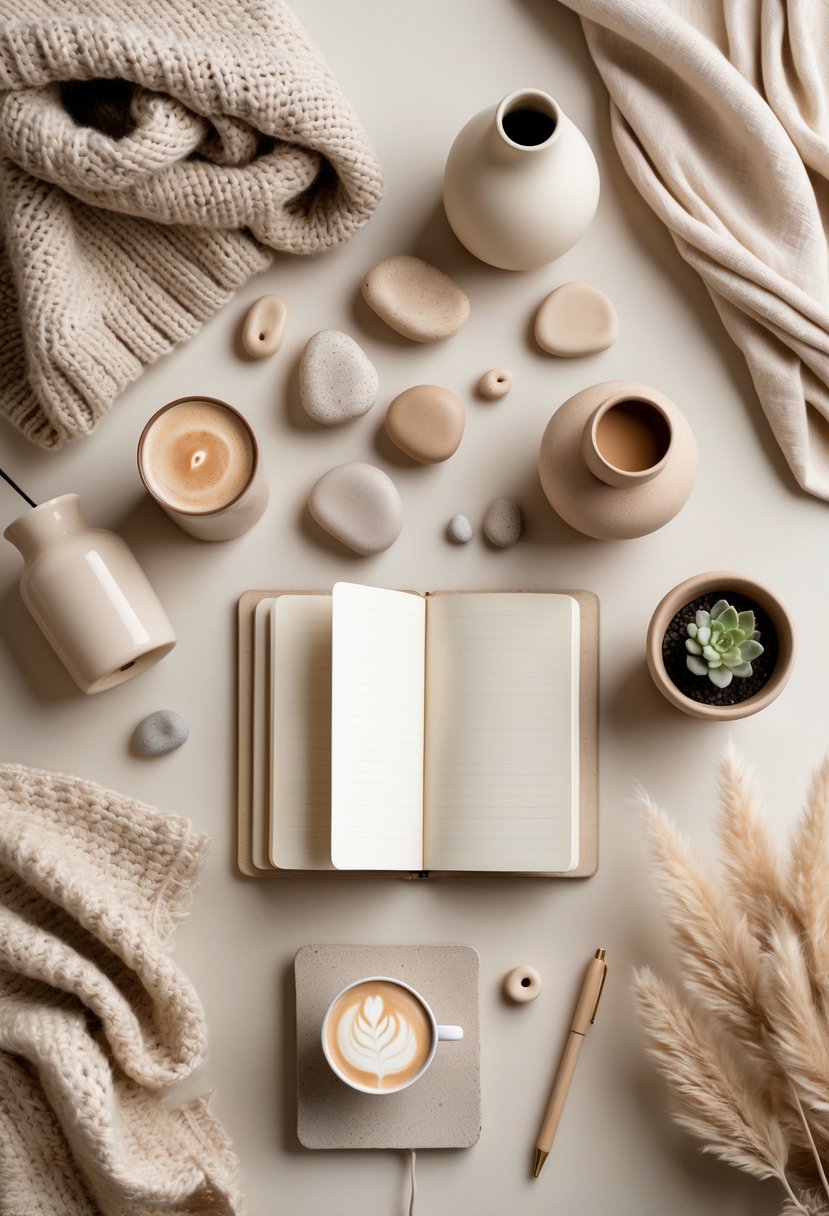 A neatly arranged collection of beige items including blankets, vases, fabrics, candles, dried grass, stones, wooden decor, a notebook with a pen, a latte coffee, and a small potted plant on a neutral background.