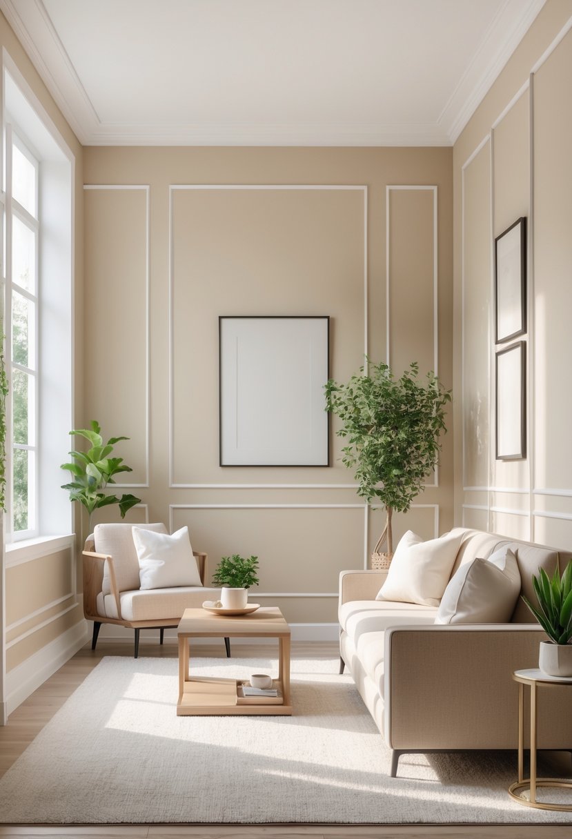 A bright room with beige walls and white trim, furnished with a beige sofa, wooden coffee table, and plants.
