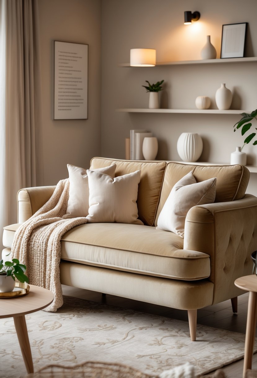 A beige velvet sofa in a living room with a coffee table, cushions, a throw blanket, and decorative shelves in the background.