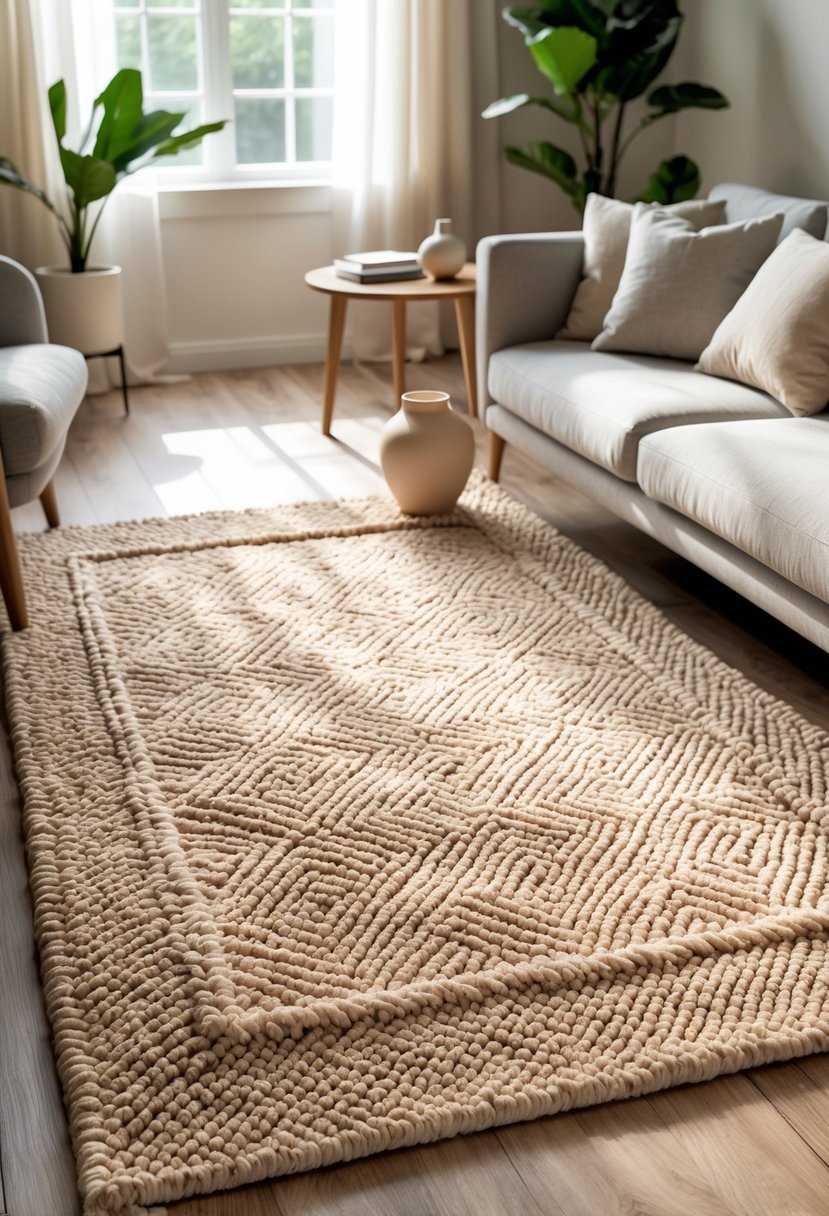 Living room with a textured beige area rug on a wooden floor, surrounded by a gray sofa, wooden coffee table, and natural light from a window.