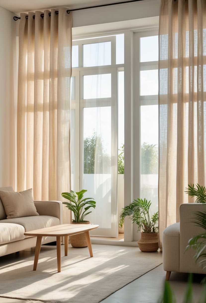 A bright living room with beige linen curtains hanging over large windows, soft natural light filling the space, and neutral furniture including a sofa and plants.