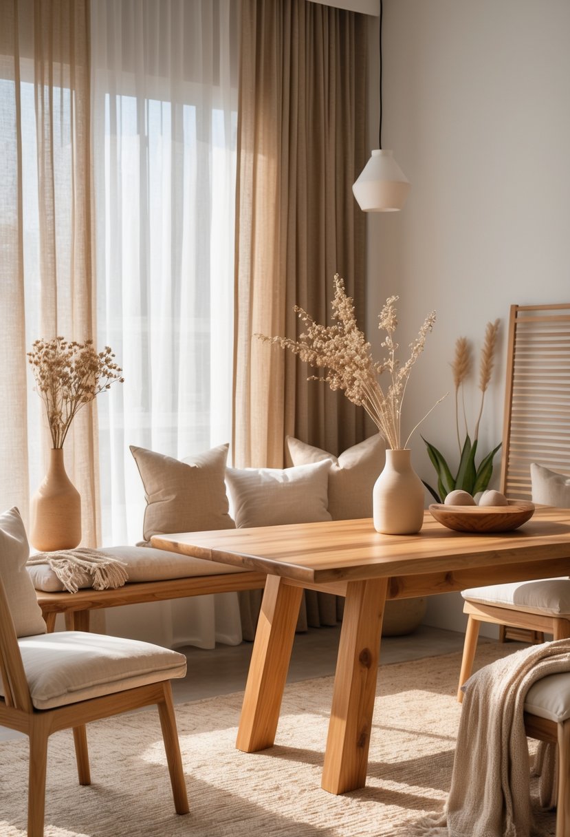 A cozy room with natural wood furniture and beige cushions, soft lighting, and simple decorative plants.