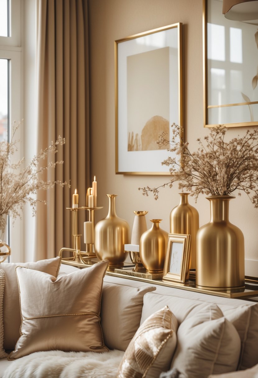 An interior scene with beige walls and gold metallic decorative items arranged on a table and shelves.