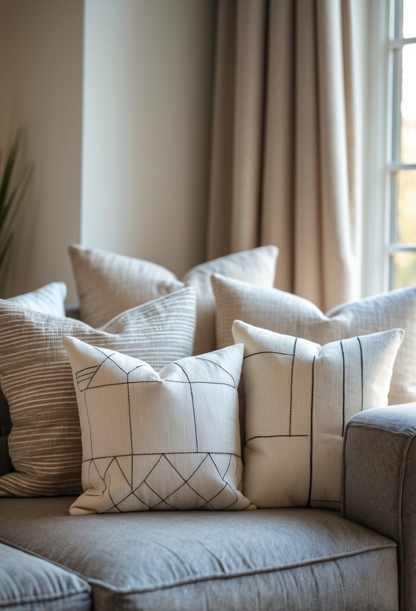 A sofa with beige throw pillows featuring geometric patterns arranged in a cozy living room.