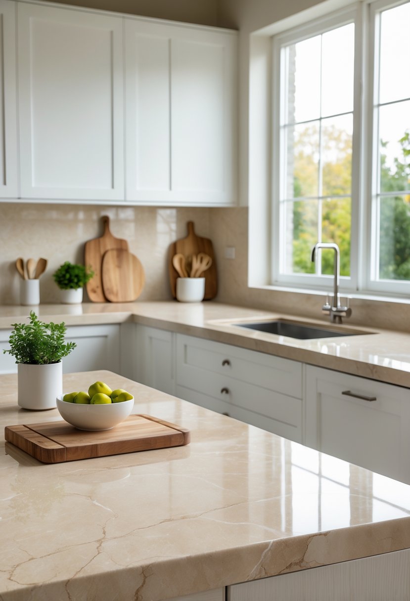 A modern kitchen with light beige marble countertops, white cabinets, a small plant, and kitchen accessories arranged neatly.