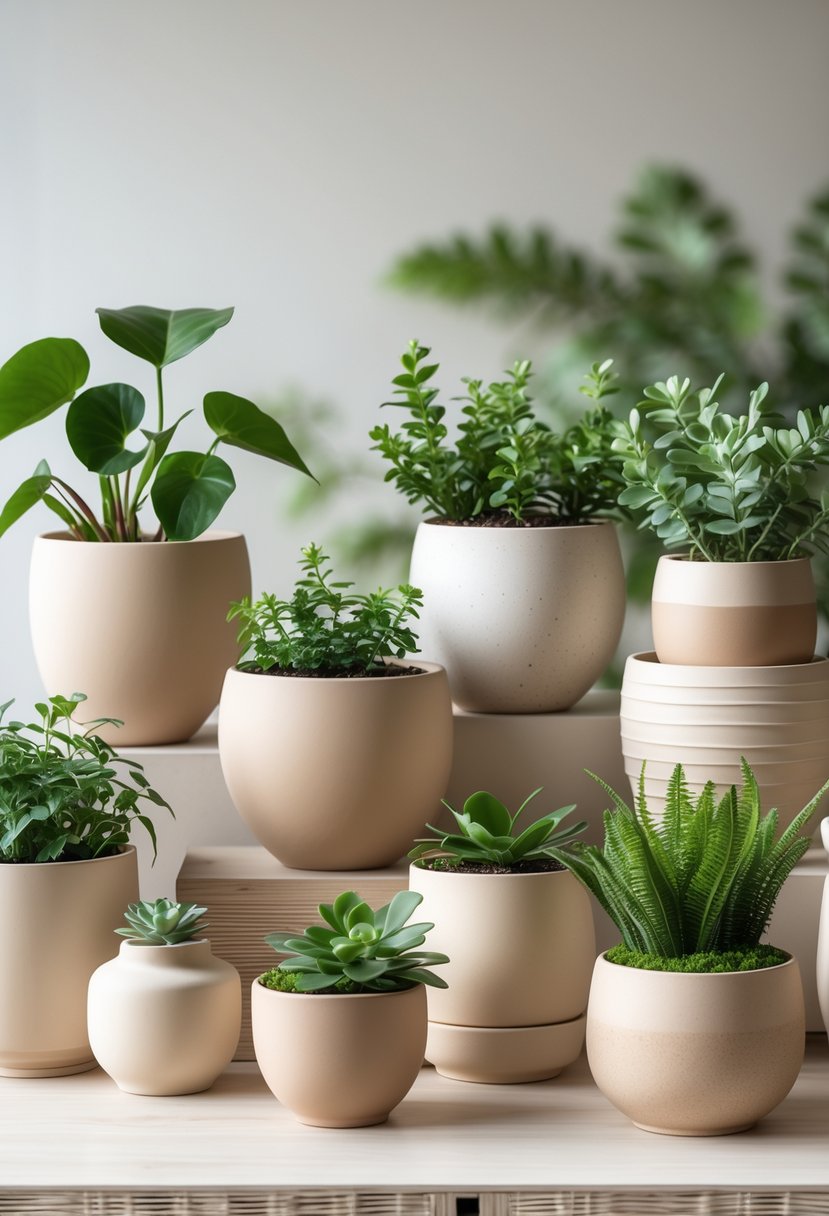 A collection of beige ceramic planter pots with various green indoor plants arranged on a light wooden surface.