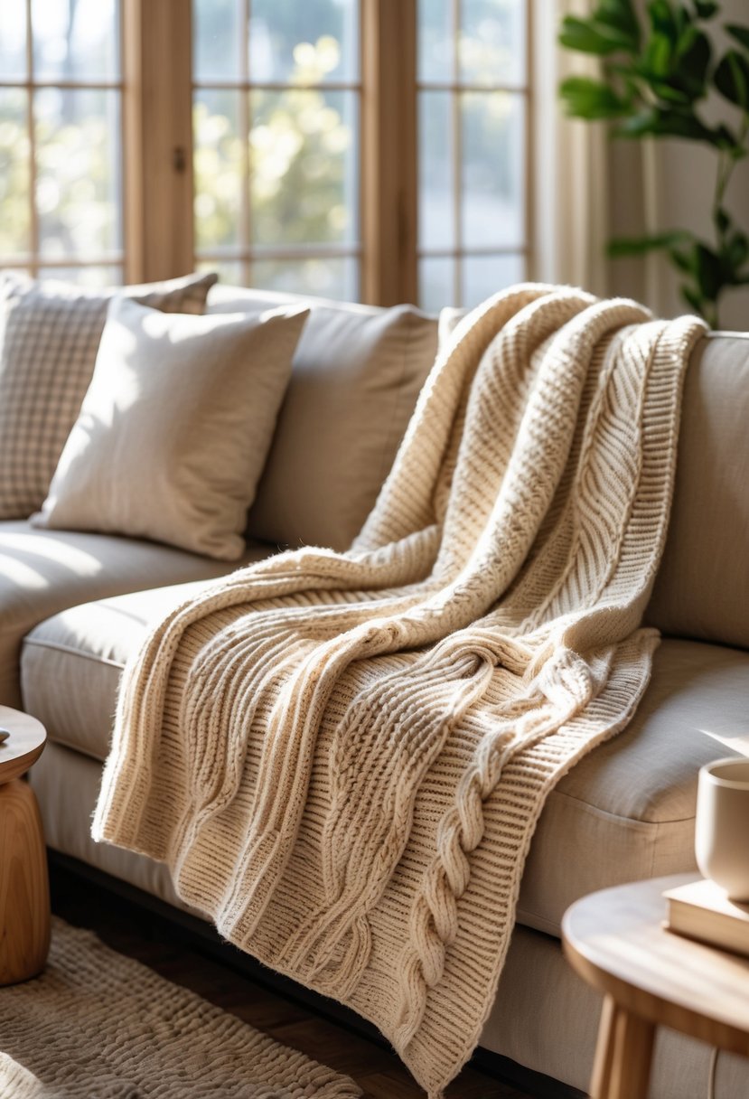 A beige knit blanket draped over a sofa in a cozy living room with cushions, a coffee table, and plants.