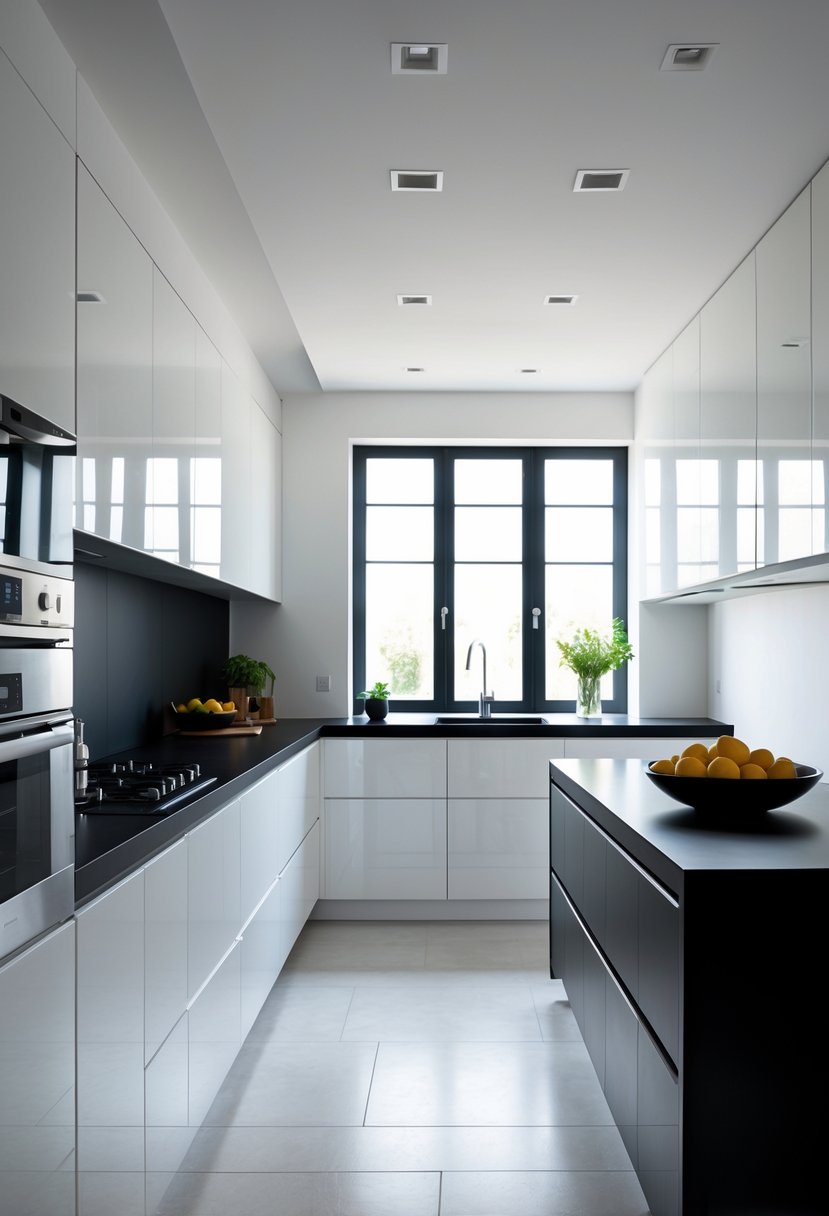 A spacious kitchen with white cabinets, black countertops, a black island, and stainless steel appliances illuminated by natural light.